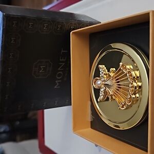 Monet Compact Double Mirror Gold Tone Crystal Fox